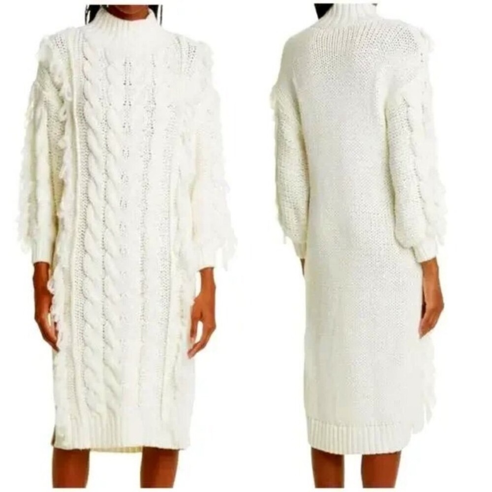 Farm Rio Fringe Cream Cable Knit Braided Mock Neck Midi Sweater Dress Medium
